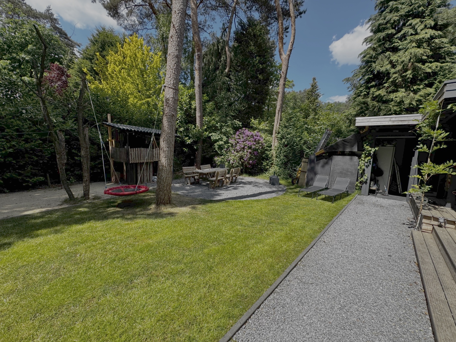 Grote groene tuin met gras en bomen